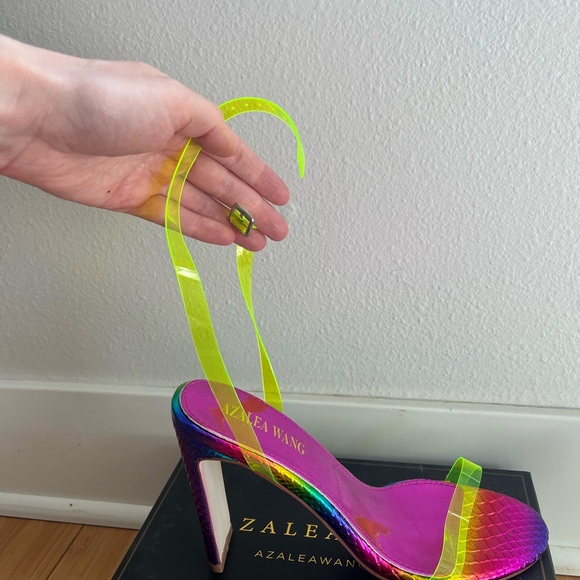 AKIRA Azalea Wang Neon Rainbow Snake Print Heels - Picture 3 of 6